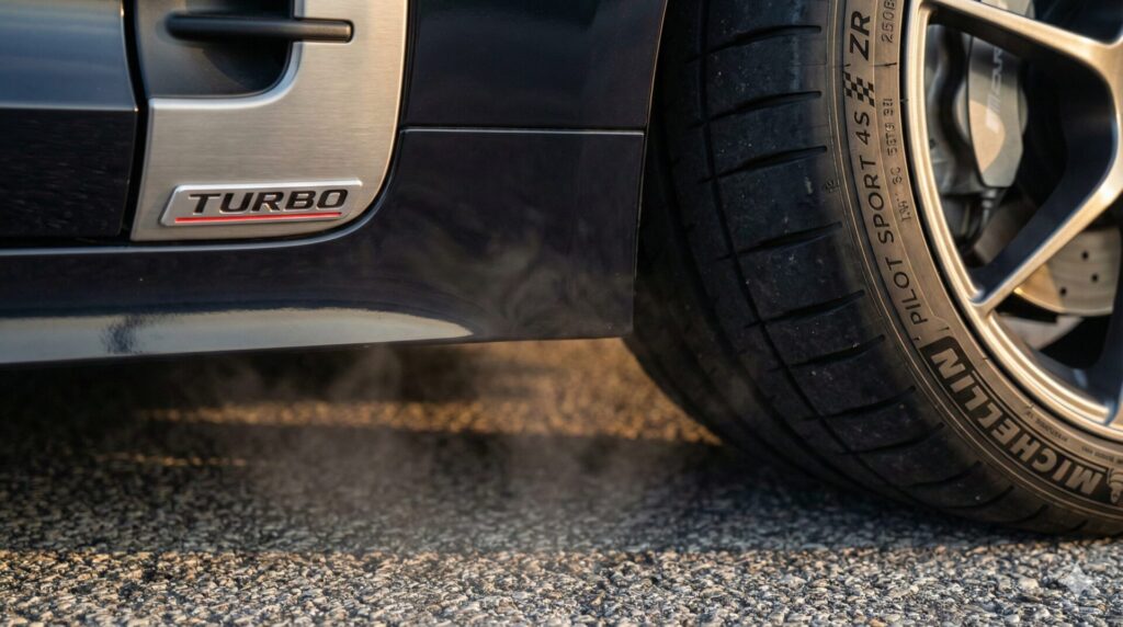  軽ハイトワゴンの安定走行に欠かせないターボエンジンのエンブレムと高品質なタイヤのイメージ。