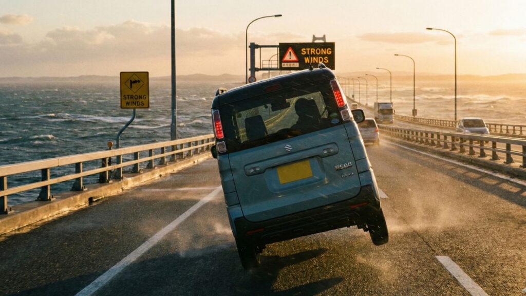 高速道路の橋の上で横風を受けて走行している背の高い軽ハイトワゴンをローアングルから撮影したイメージ。
