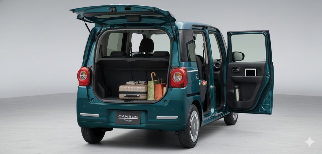 後席優先で荷室が狭い軽自動車のラゲッジ問題を示す場面
