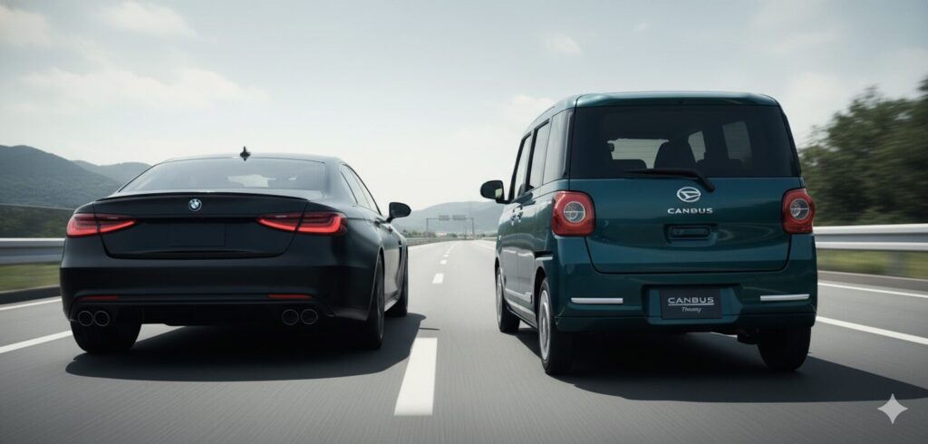 可愛い軽自動車が高速で後方車に煽られ緊張する場面
