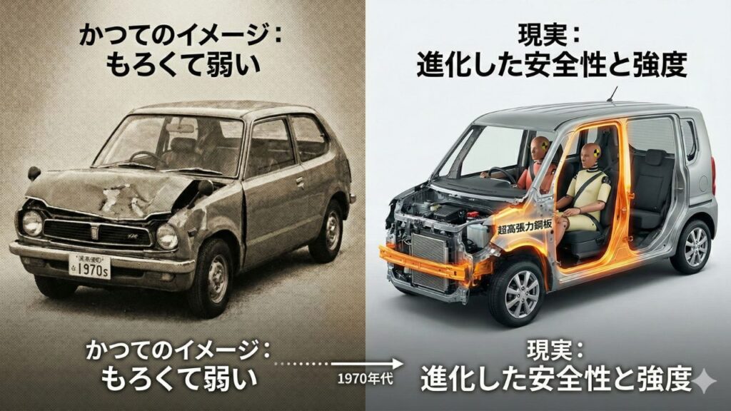 旧型の軽自動車と現代の強化構造を比較し安全性向上を示す画像です