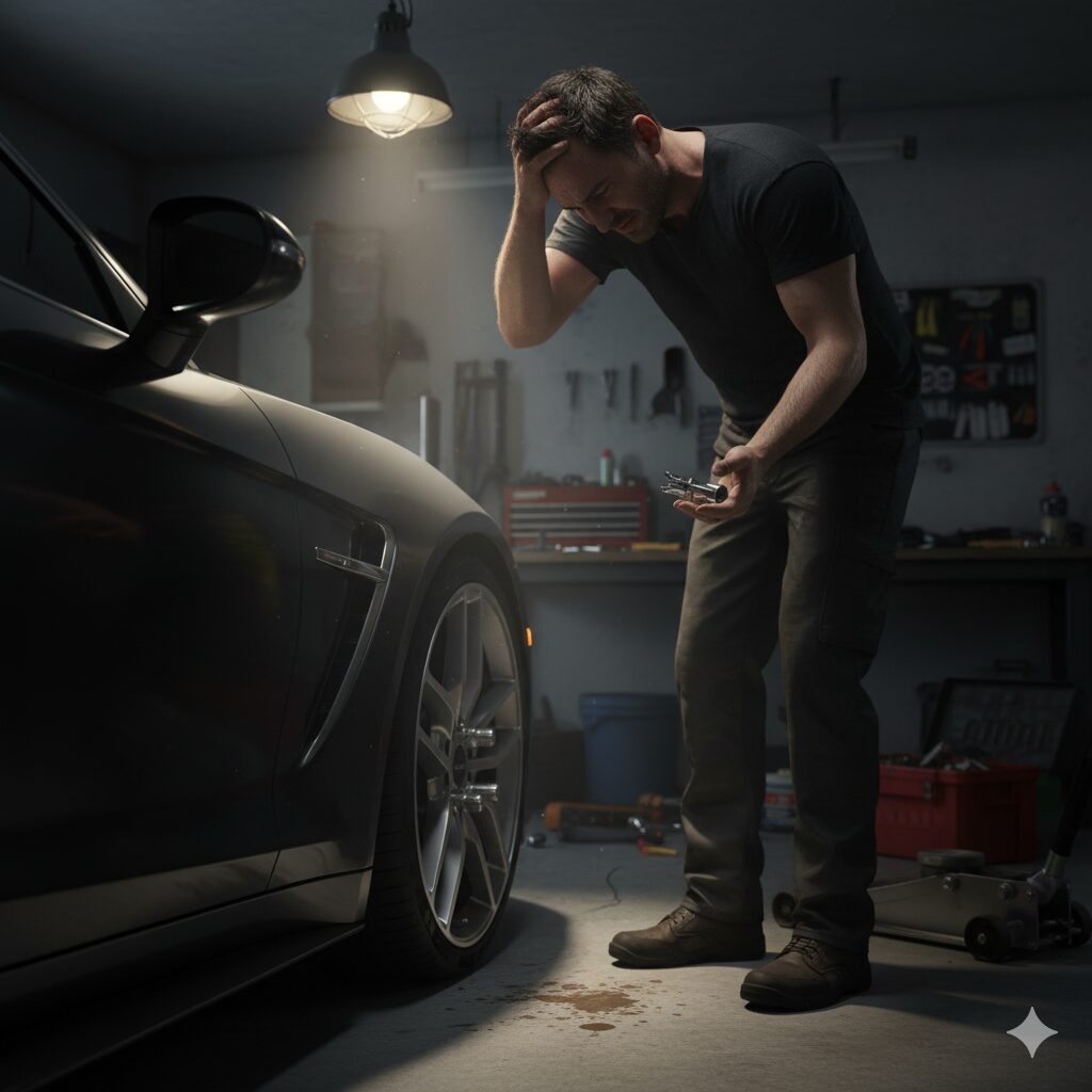 破損したキーソケットを持ち悩む人