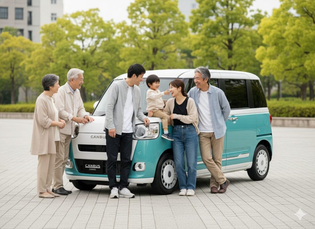 ムーヴキャンバスの周りに、若い女性、子連れの家族、中年男性、老夫婦など、多様な年齢層の人々が笑顔で集まっている写真。「買ってはいけない」どころか、幅広い年齢層に支持される実用性があることを示している。