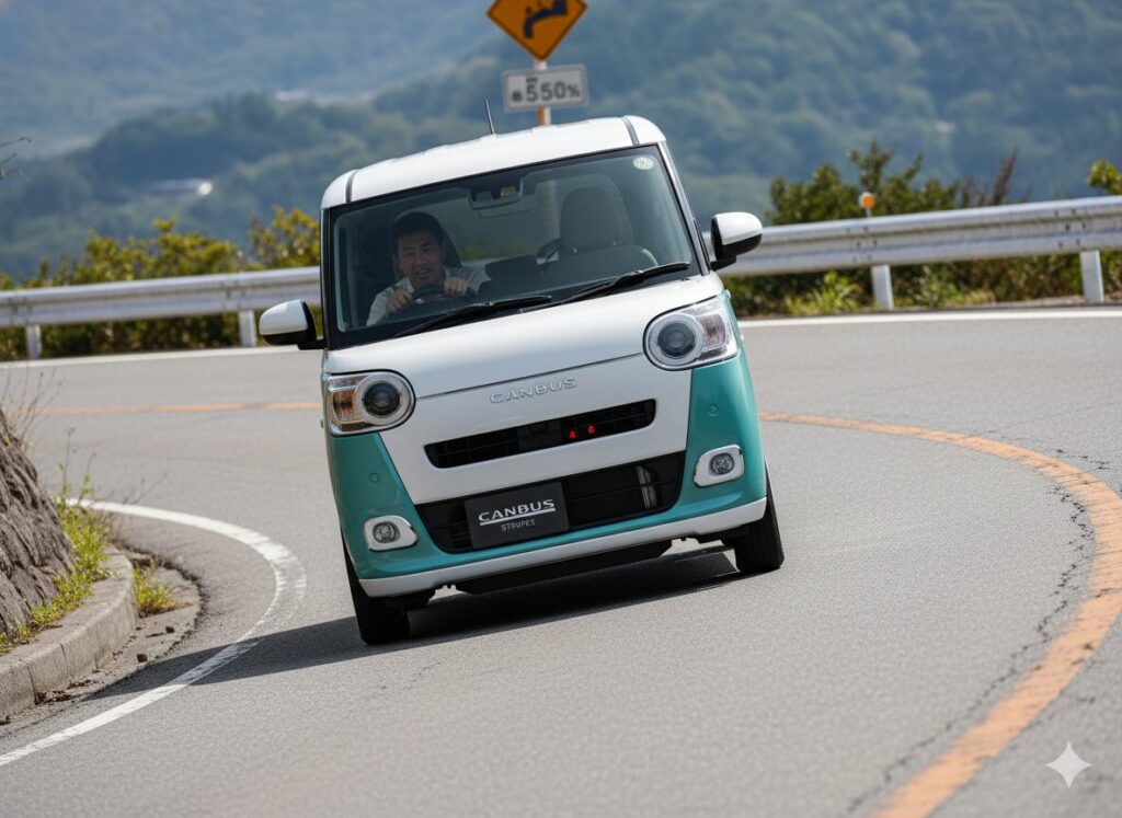 急な坂道を登るムーヴキャンバスと、ストレスを感じている運転手の写真。ターボなしモデルのパワー不足といった「悪いところ」や「弱点」を象徴しており、実用面での「辛口評価」を隠さず解説するセクションであることを示している。