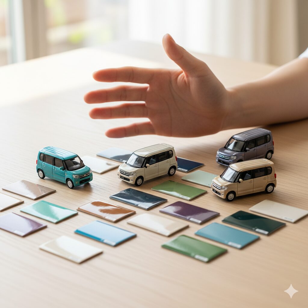 テーブルに並べられたムーヴキャンバスの多様なカラーサンプル（塗装チップやミニカー）の上で、どの色にすべきか迷っている手の写真。後悔しない、そして「恥ずかしくない」色を選ぶことの難しさと重要性を表現している。