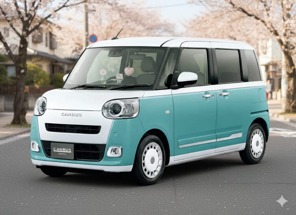 ムーヴキャンバスの丸いヘッドライトとパステルカラーのボディを強調したクローズアップ写真。ダッシュボードに置かれたかわいいアクセサリーも見え、そのキュートで女性的なデザインが「恥ずかしい」と感じる理由の一つであることを示している。