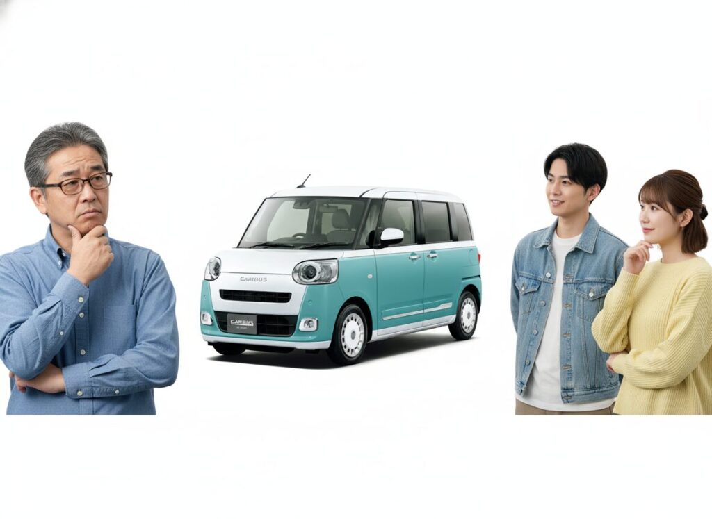 一台のムーヴキャンバスを、不安そうな中年男性（おじさん）、若い男性、女性という異なる3人が眺めている合成写真。性別や年代といった属性別に、車に対する評価や「恥ずかしい」と感じるポイントが異なることを表現している。