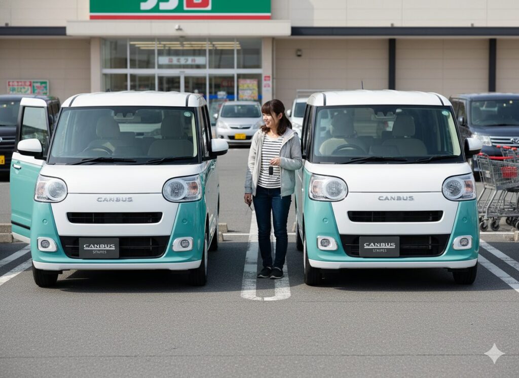 スーパーの駐車場に、全く同じ色・モデルのムーヴキャンバスが2台並んで停まっている写真。女性オーナーが「友達や他人と車が被ってしまった」ことに、少し気まずさや恥ずかしさを感じている様子を表現している。