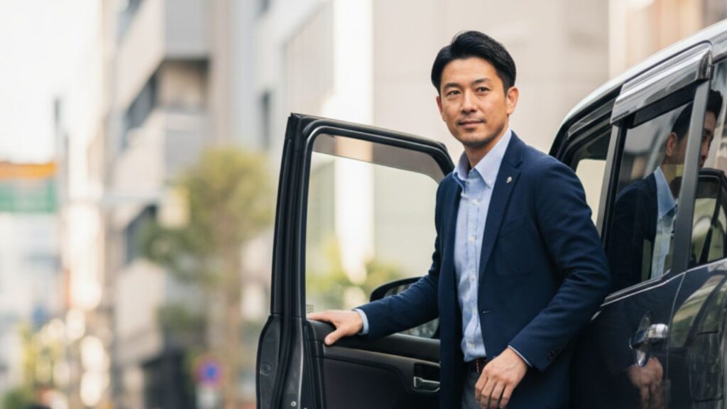 30代から40代のビジネスカジュアル姿の男性が、シックな色（黒やダークグレー）のムーヴキャンバス「セオリー」から自信を持って降りてくる写真。男性が乗っても「変」ではなく、実用的に乗りこなしている様子を表現している。