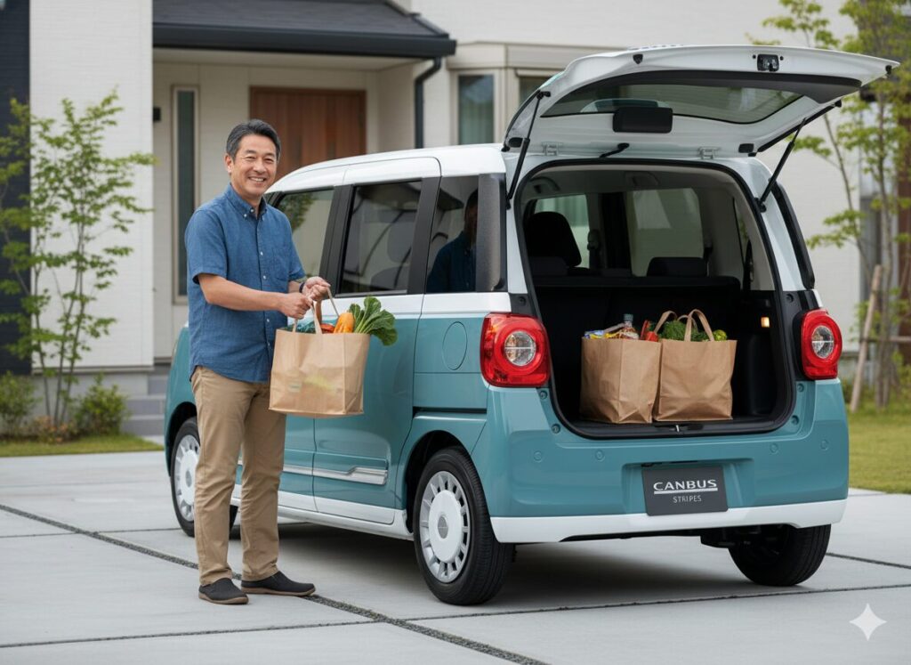 50代から60代の「おじさん」が、ムーヴキャンバスの荷室に買い物の荷物を積み込んでいる笑顔の写真。車の可愛らしいイメージを気にすることなく、日常生活の道具として実用的に活用している現実の姿を示している。