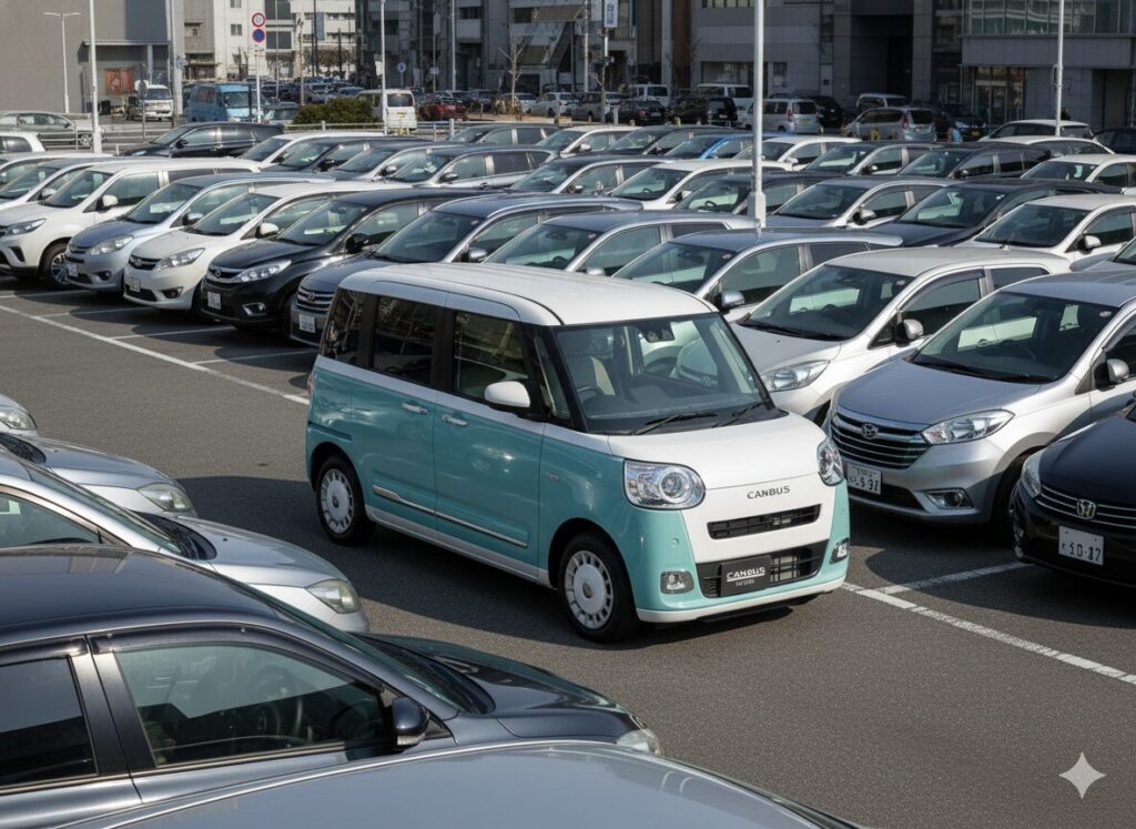 駐車場で目立つムーヴキャンバス「ストライプス」（ツートンカラー）の写真。周囲の地味な色の車と対照的に、明るいツートンカラーが悪目立ちしている様子を捉え、デザインが派手すぎたり飽きたりする懸念を表現している。