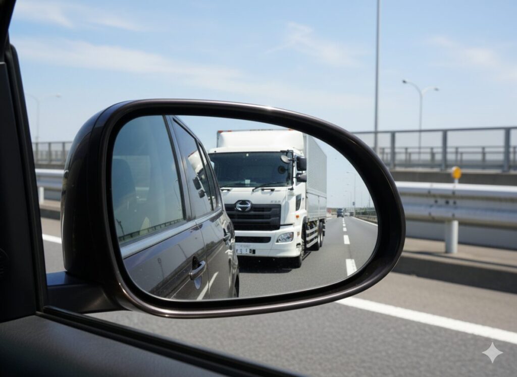 ムーヴキャンバスのバックミラー越しに、大型車に後方から「煽られる」様子を捉えたドライバー視点の写真。軽自動車特有の走行性能への不安や、煽り運転の被害に遭いやすいのではないかという懸念をリアルに示している。