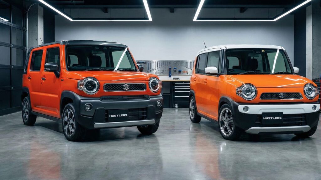 ガレージに並んだ新型ハスラーと旧型ハスラーの写真。両車ともローダウンされている。