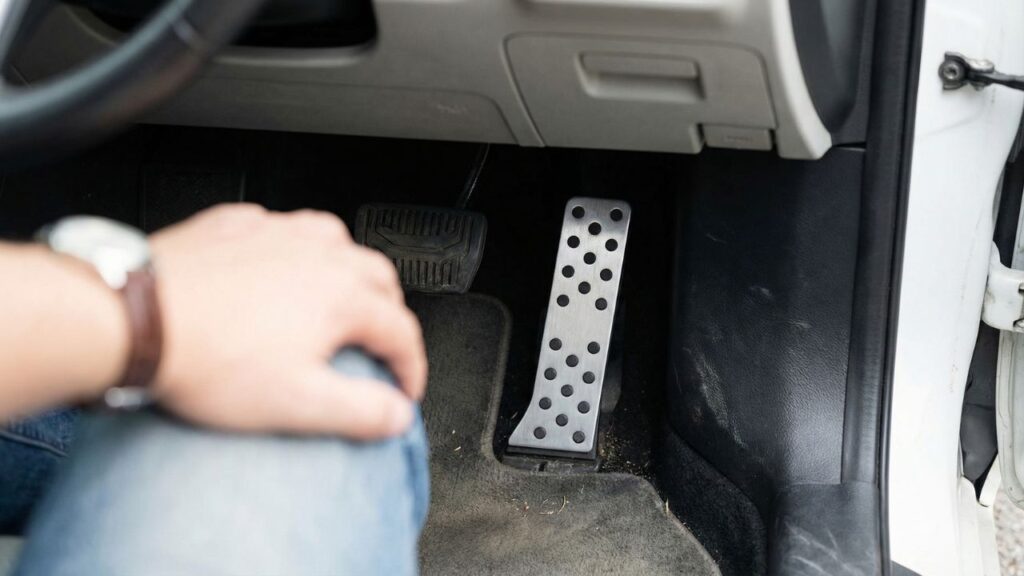 スポーティでかっこいいアルミペダルと純正のゴムペダルを比較し、ペダルカバー装着のメリットとデメリットを検討しているイメージ。