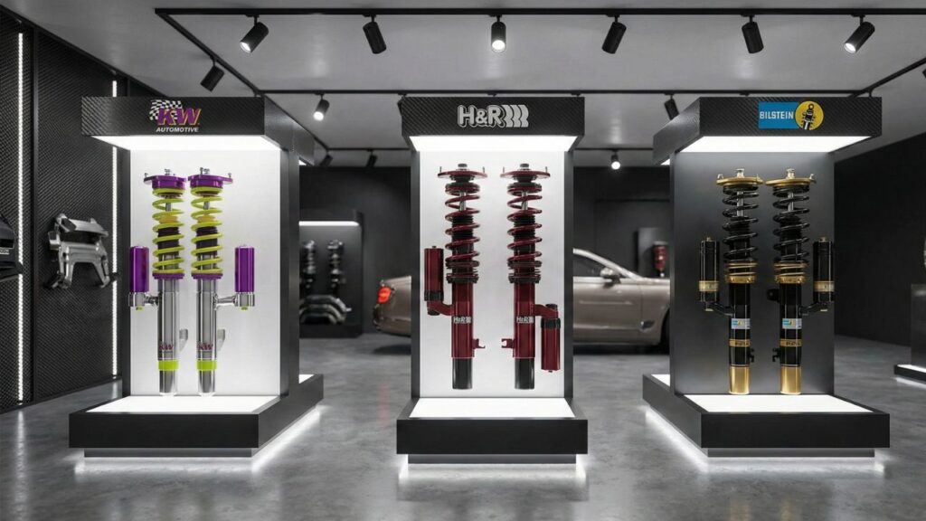 ショールームに美しく展示された、様々なメーカーの高品質な車高調キットの写真。