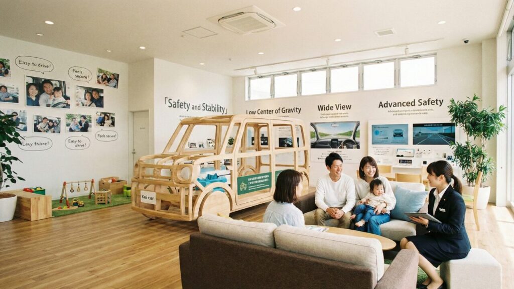 明るいショールームに並んでいるN-BOXやスペーシアなど人気の最新軽ハイトワゴン5車種のラインナップ。