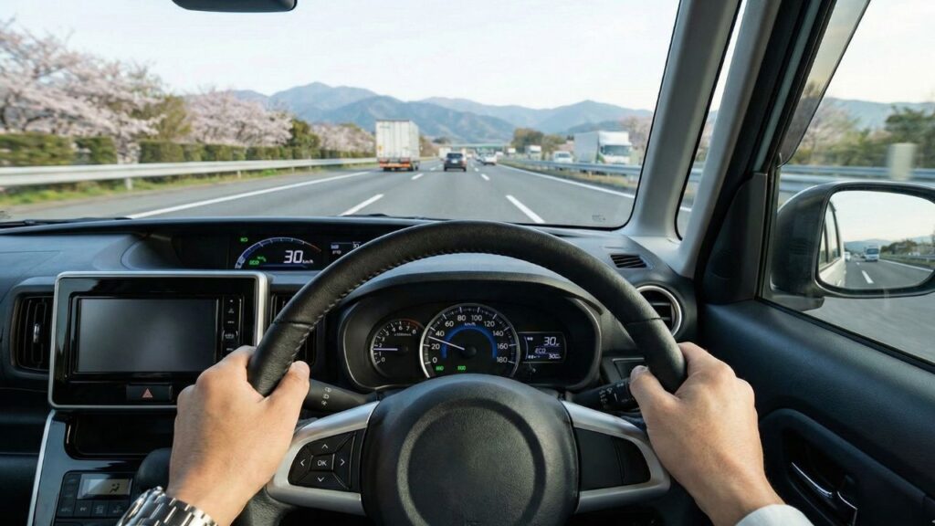 高速道路を走行中の運転席からの視点で、ハンドルを正しい位置でしっかりと握っているドライバーの手元。