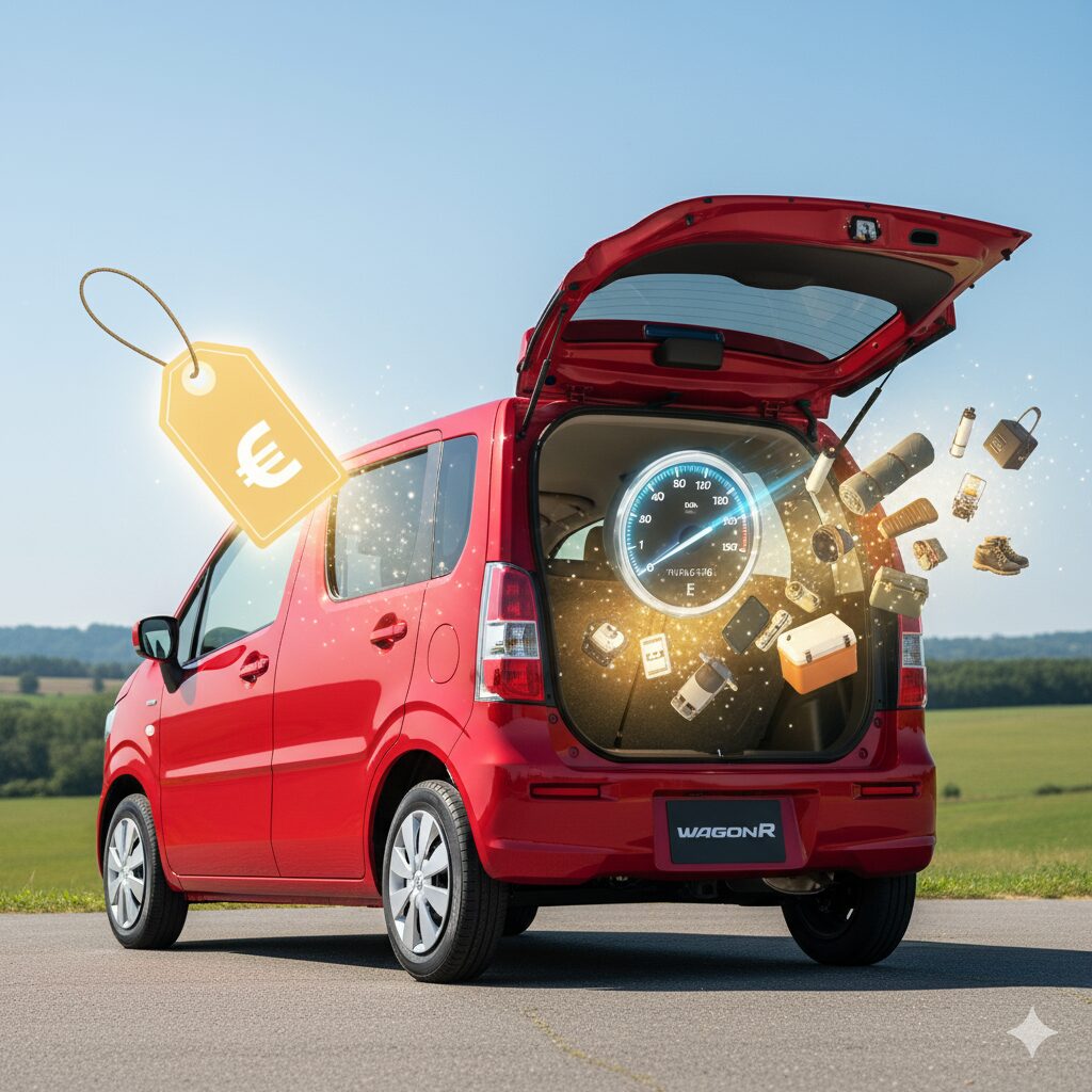 ワゴンRの開いたハッチバック（荷台）から、3つの光り輝くアイテムが飛び出している。1つ目は「安い値札」、2つ目は「E（Empty）を指すガソリンメーター」、3つ目は「たくさんのキャンプ道具」。ワゴンRのポジティブな魅力を表現する、明るく楽しい画像