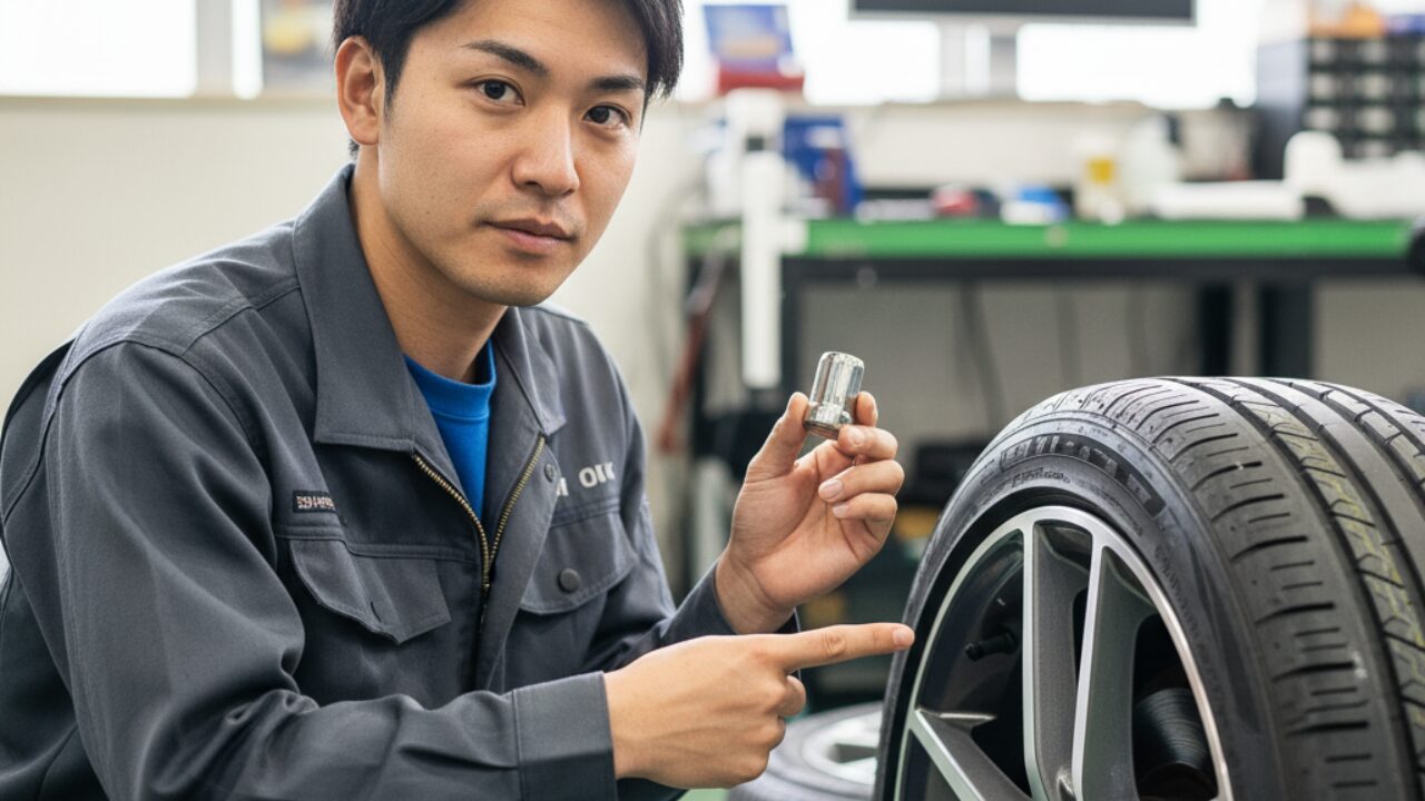 自動車整備士が、ホイールロックナットを持ちながらタイヤの横にしゃがみ込み、画面に向かってホイール盗難防止策について説明している様子