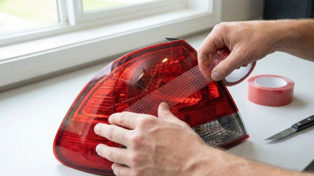 テールランプカバーの割れた部分に、透明テープではなく専用の赤色レンズ補修テープを丁寧に貼り付けている手元のアップ。雨水の侵入を防ぐために下から上へと貼り付ける正しい応急処置の手順。