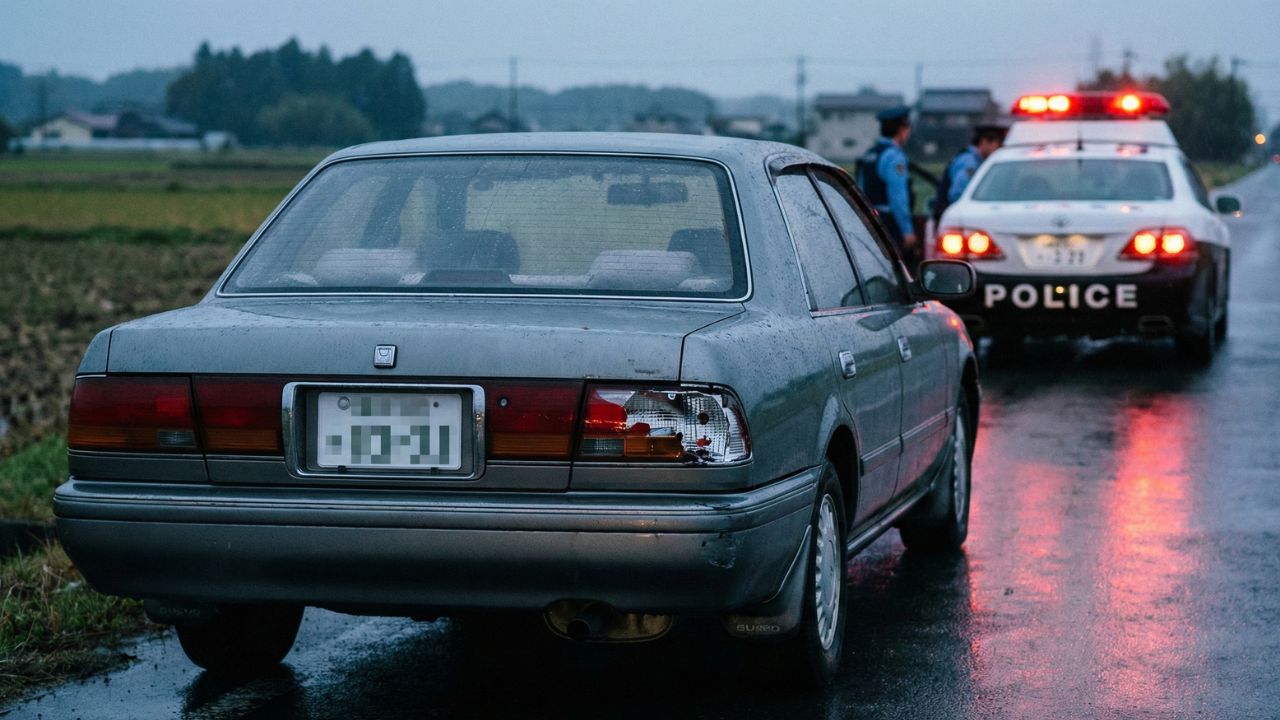 テールランプカバーが割れて整備不良となった車の背後で、パトカーが警告灯を回している様子。走行の危険性と道路交通法違反のリスクを強く示唆する記事のアイキャッチ画像。