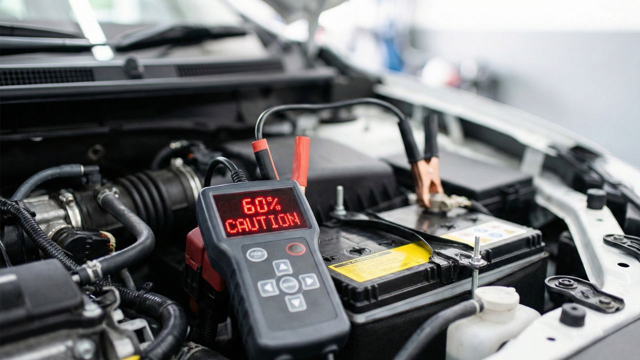 車のバッテリー点検で60パーセントの診断結果が出ている様子。寿命や交換目安を解説するイメージ。