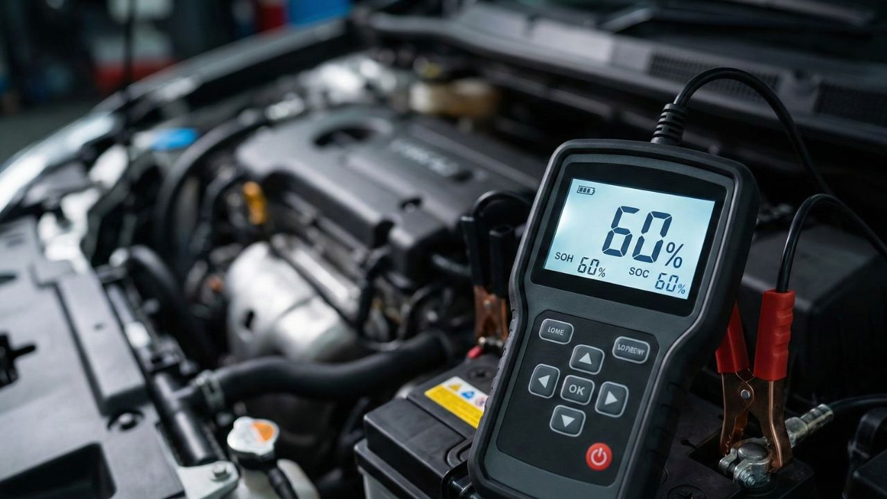 車のバッテリー点検で60%と表示されたテスター。SOCとSOHの意味と違いを解説。