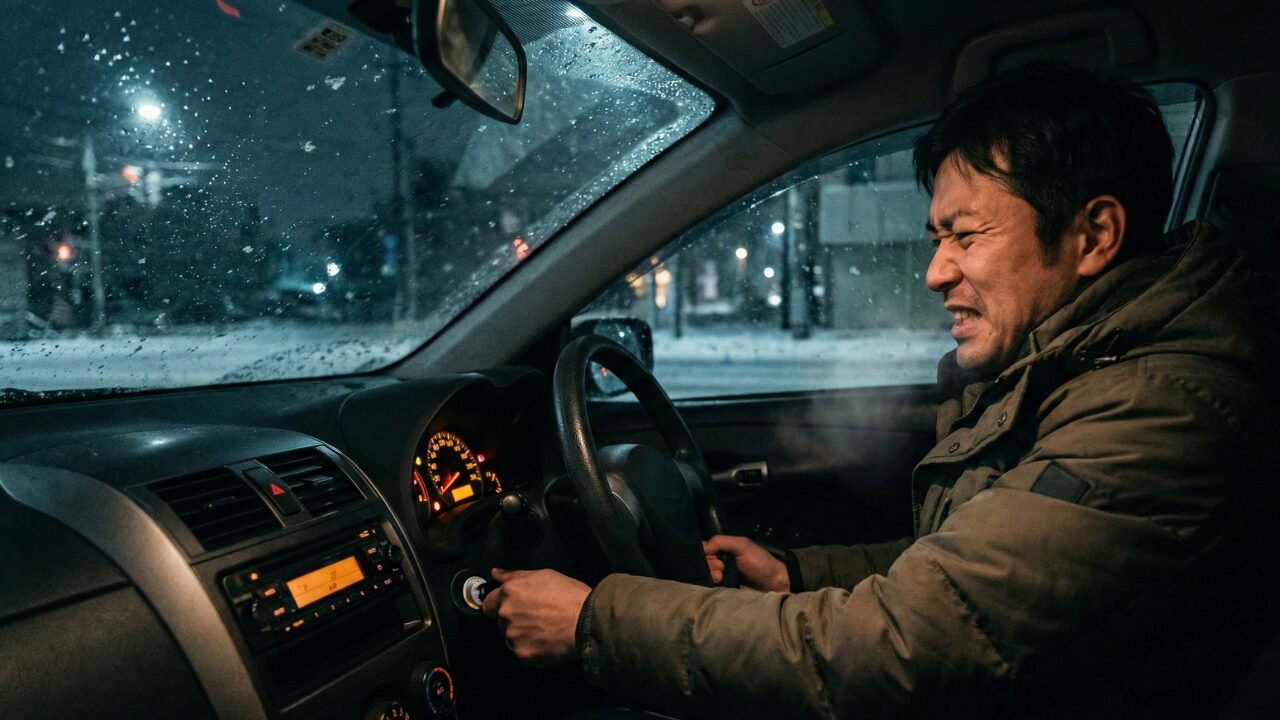 夜間にエンジンがかからず困る様子。バッテリー60%放置による突然死や不具合のリスク。