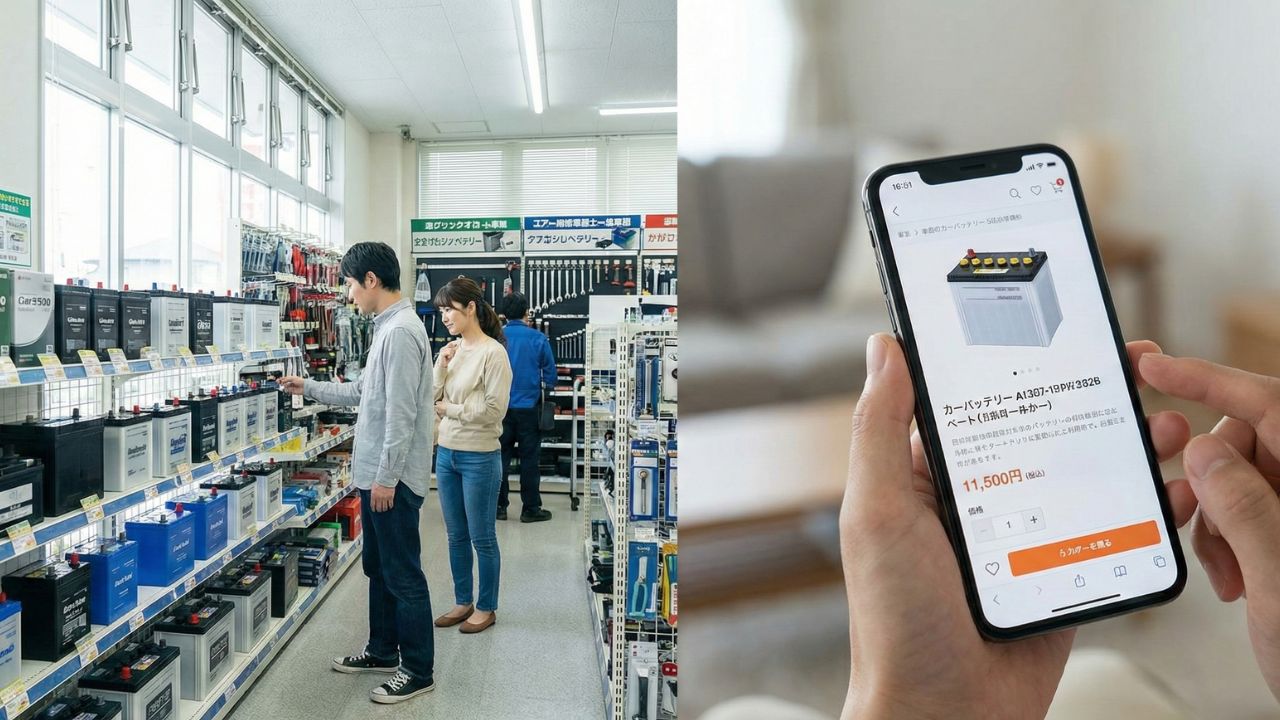 店舗とネット通販の比較イメージ。バッテリー交換費用を安く抑えるためのお得な選択肢。