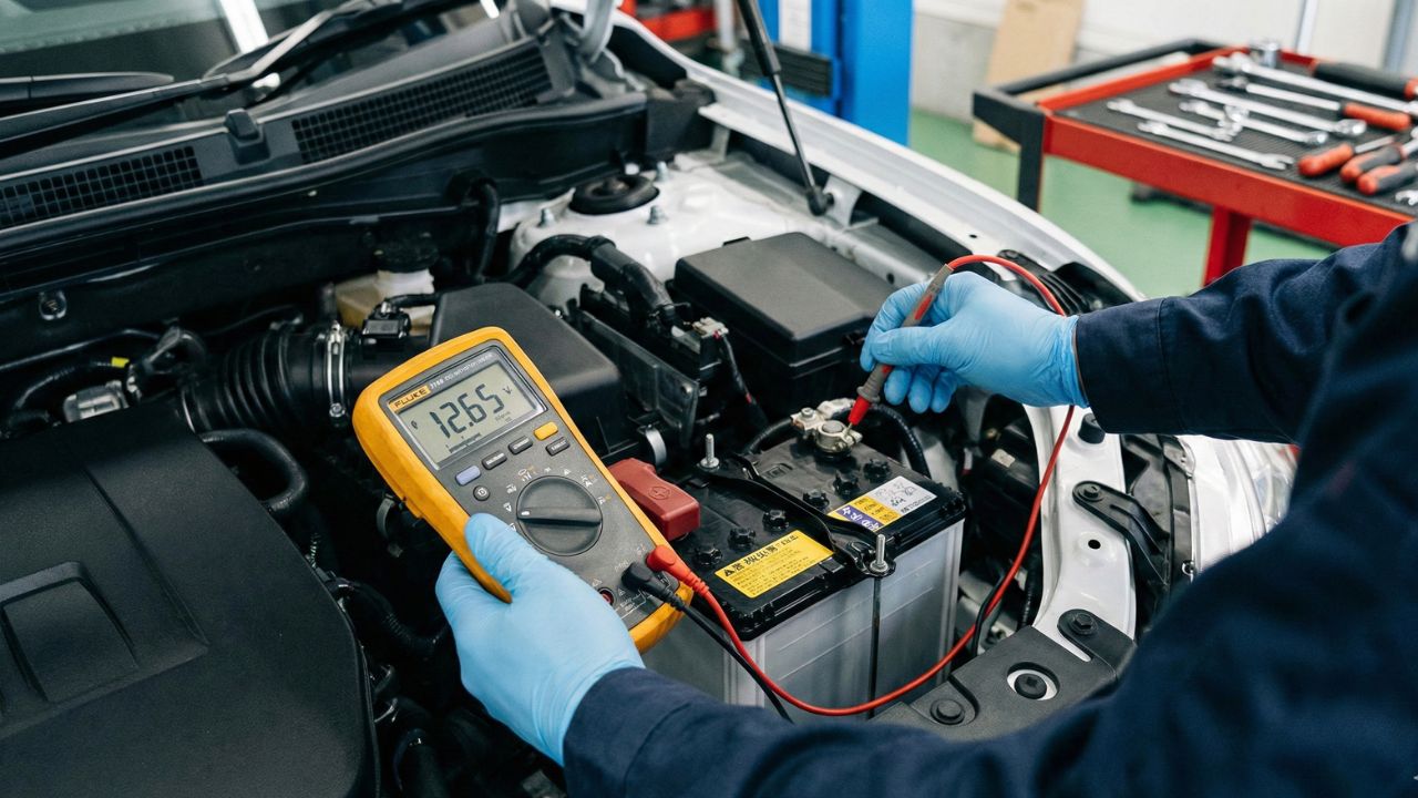 テスターで電圧やCCAを測定する整備士。バッテリー寿命を正しく判断する3つの点検項目。