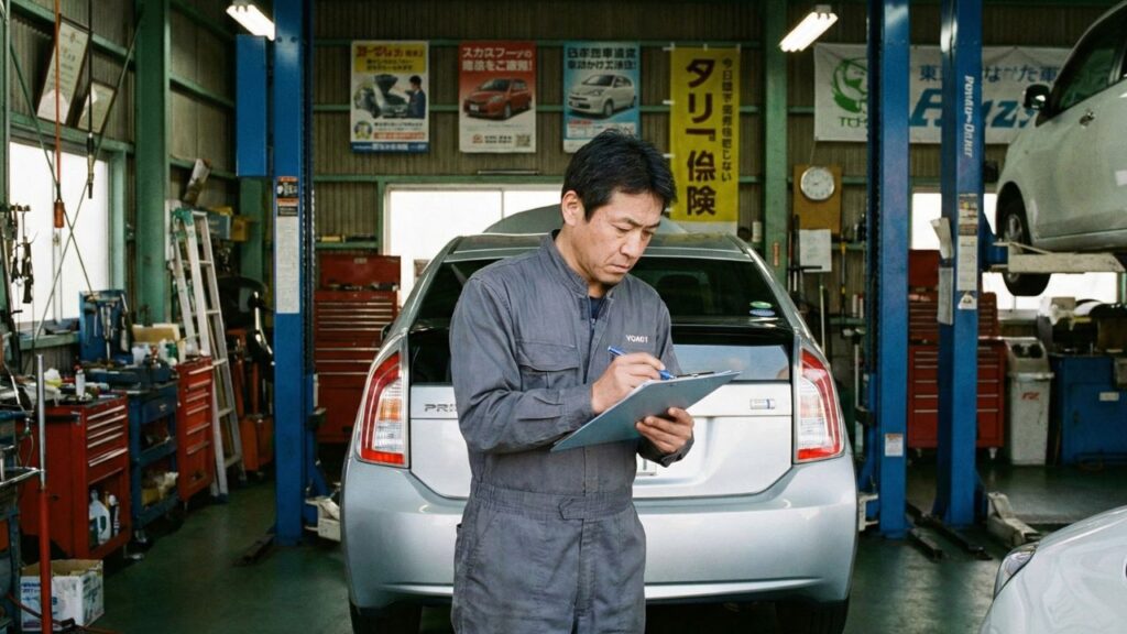 日本の車検場の検査ラインで、検査員が車両後部の灯火類を厳しくチェックしている様子。テールランプカバーのヒビや光の色が保安基準に適合しているかを確認する継続検査のワンシーン。