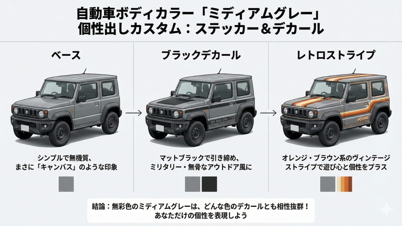 サイドボディに幾何学的なデカールを施し、スポーティーな個性を演出した車のカスタム例