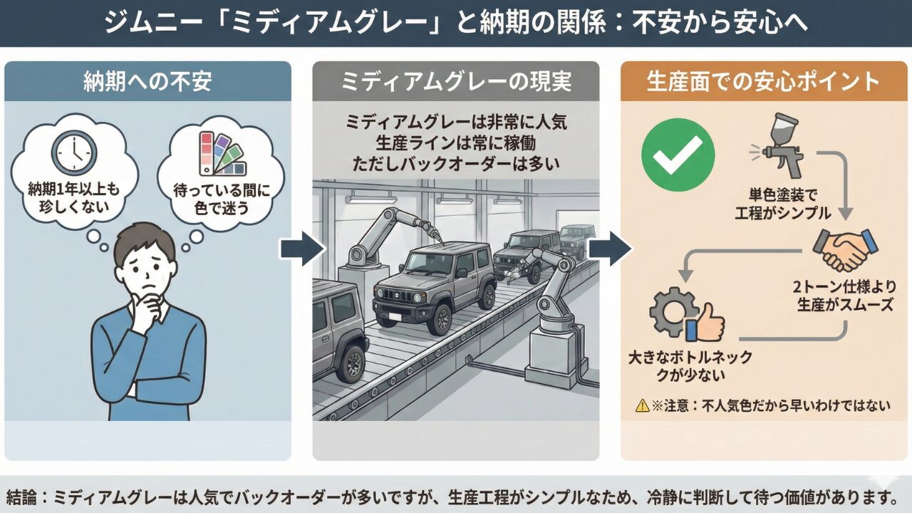 人気色による納期差が発生する現実を表現したジムニー納車待ちイメージ