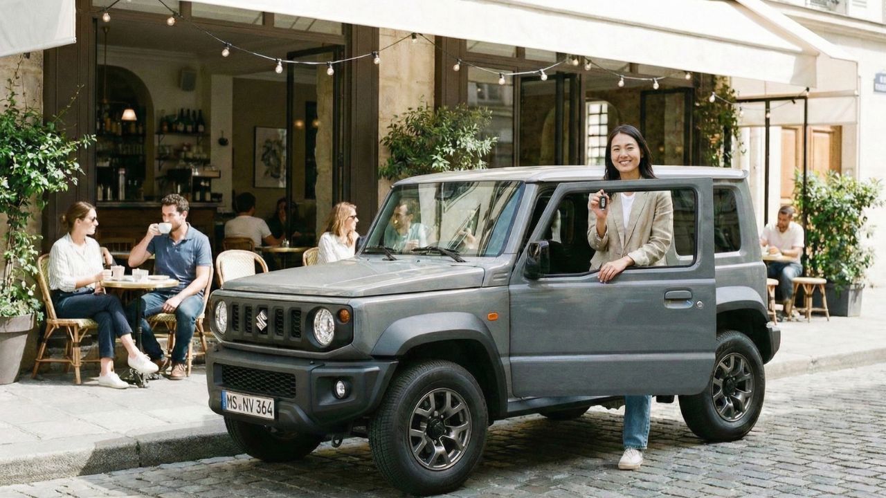 街中のカフェ前に停まる、お洒落なライフスタイルに溶け込むミディアムグレーのジムニー