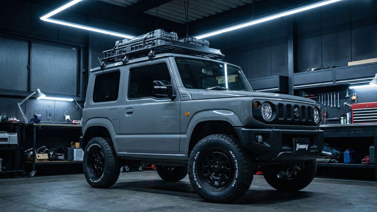 ガレージでリフトアップやブラックカスタムが施されたかっこいいミディアムグレーのジムニー