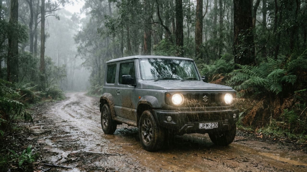 雨の日の林道で泥汚れがつき、無骨な雰囲気を漂わせるミディアムグレーのジムニー