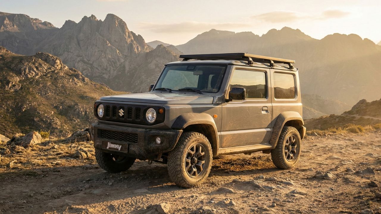 岩場に佇むミディアムグレーのジムニー。夕日を浴びて無骨さと道具感が際立つ一枚