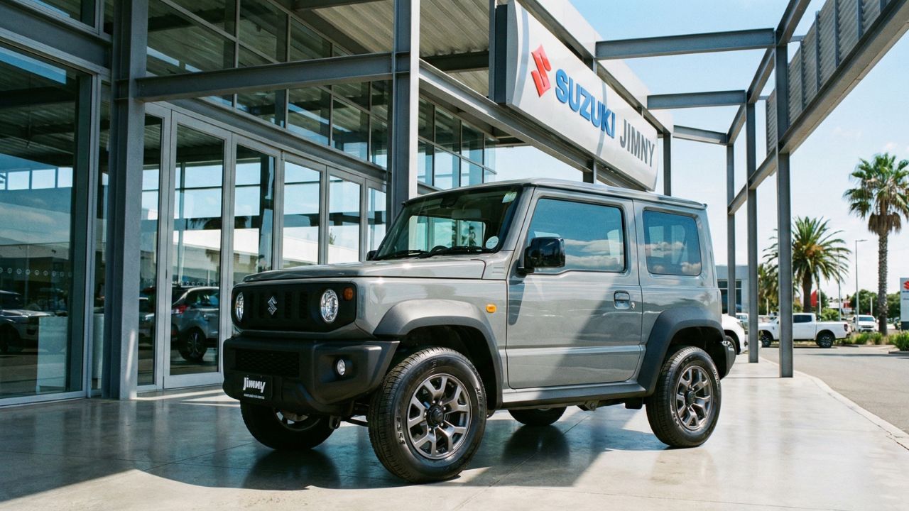 中古車販売店に展示されている、状態が良くリセールバリューが高いミディアムグレーのジムニー