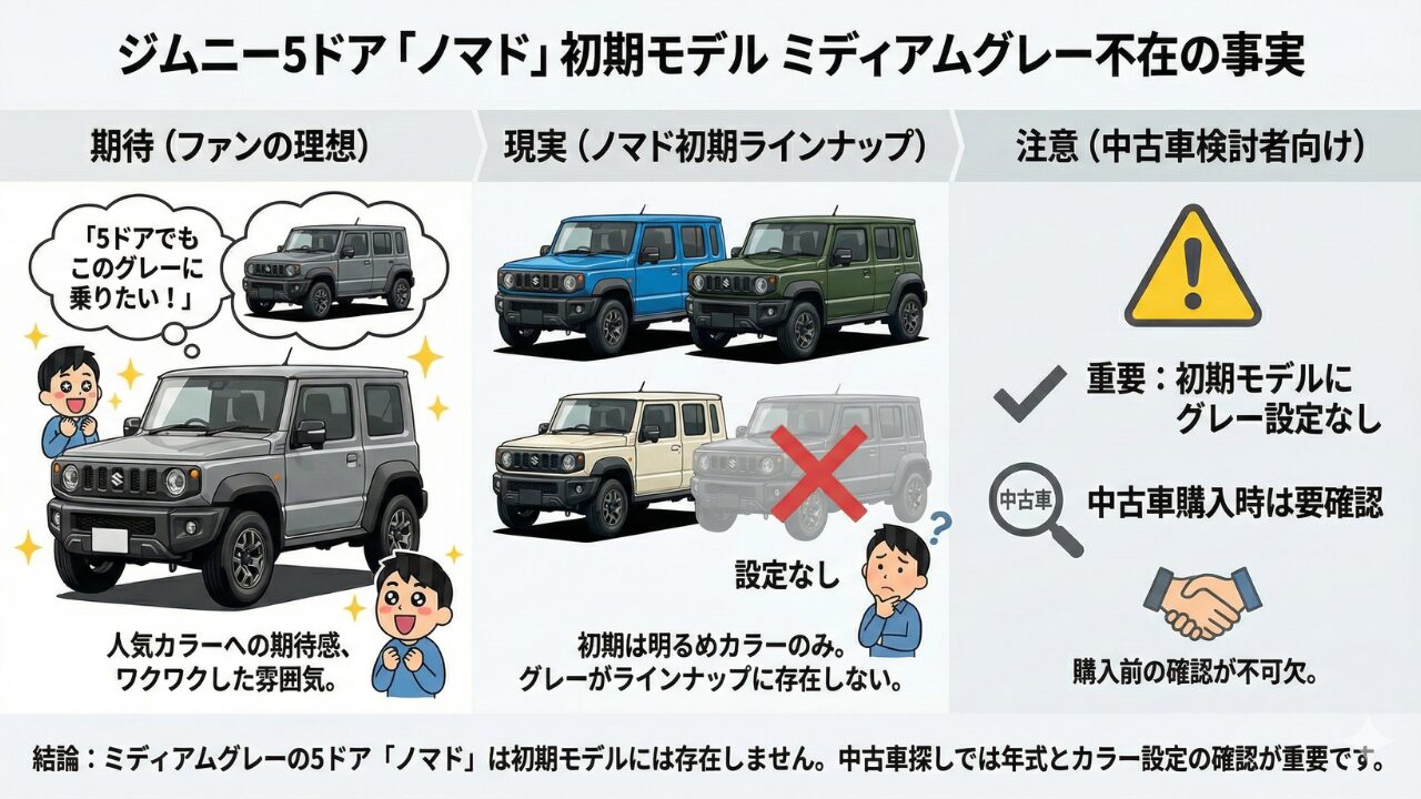 特別仕様車ノマドにグレー設定が存在しない事実を視覚的に伝えるイメージ
