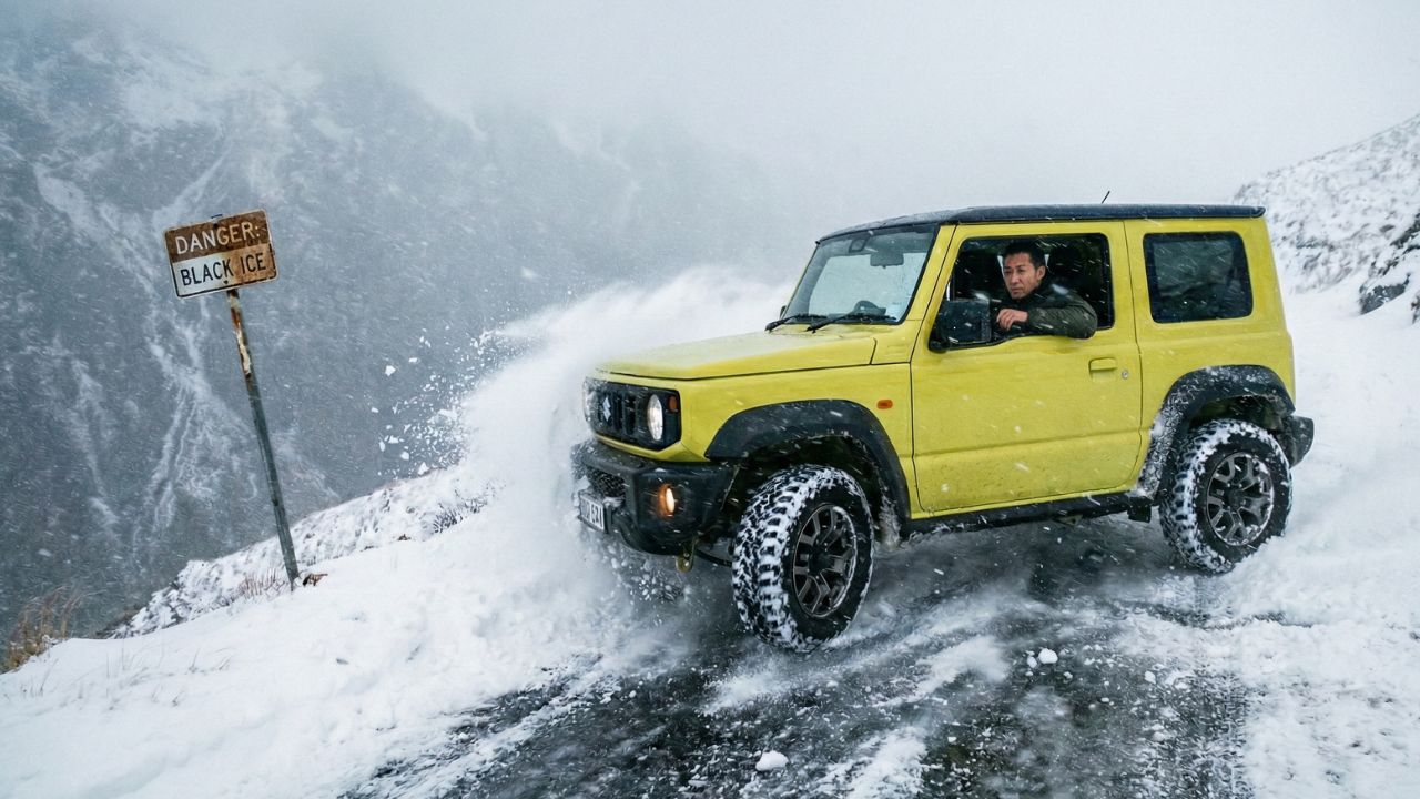 雪道でタイヤが滑り、コントロールを失いかけているスズキ・ジムニーの様子。スタッドレス未装着での4WD過信の危険性を警告するアイキャッチ画像。