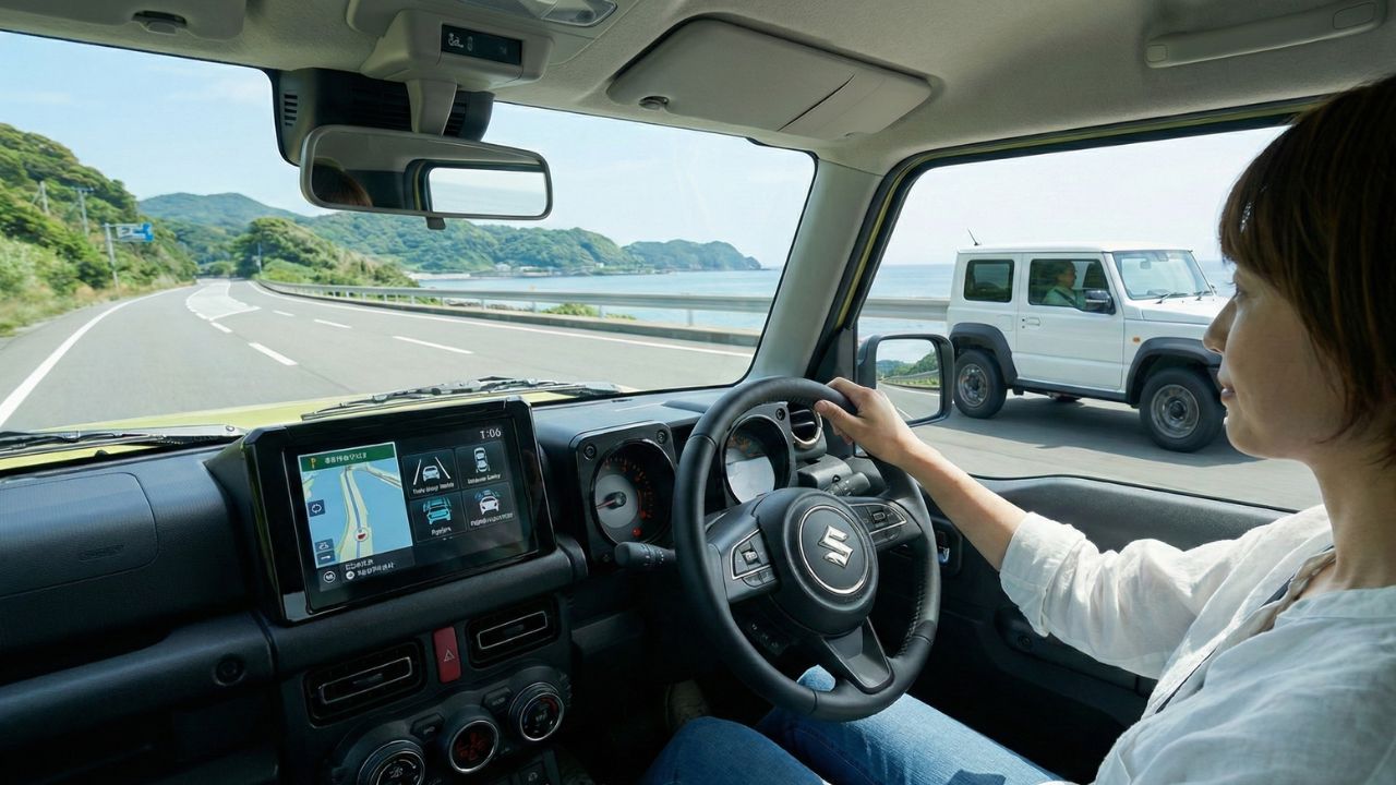 2025年改良モデルをイメージさせる、最新装備を備えたジムニーがスムーズに道路を走る様子