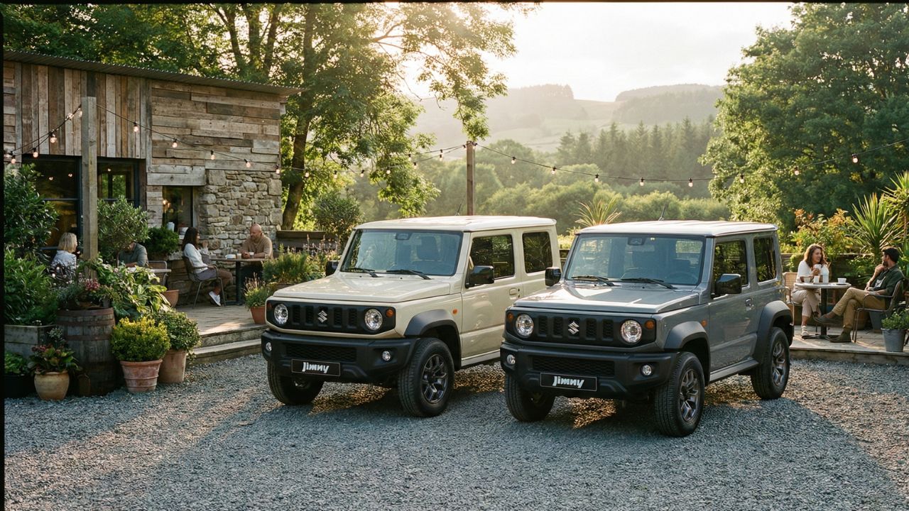 人気色のシフォンアイボリーとミディアムグレーのジムニーが、自然の中に並んで佇む比較画像