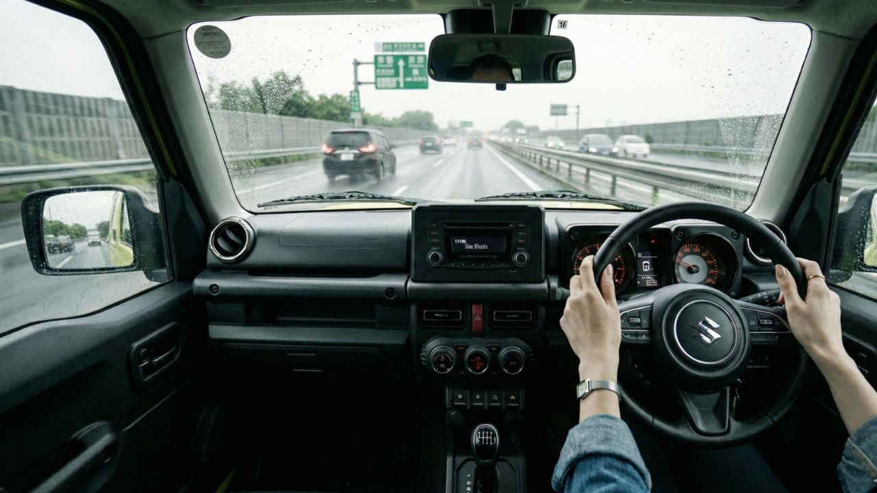 高速道路での横風やふらつきに注意しながら、ジムニーのハンドルをしっかり握る運転席の視点