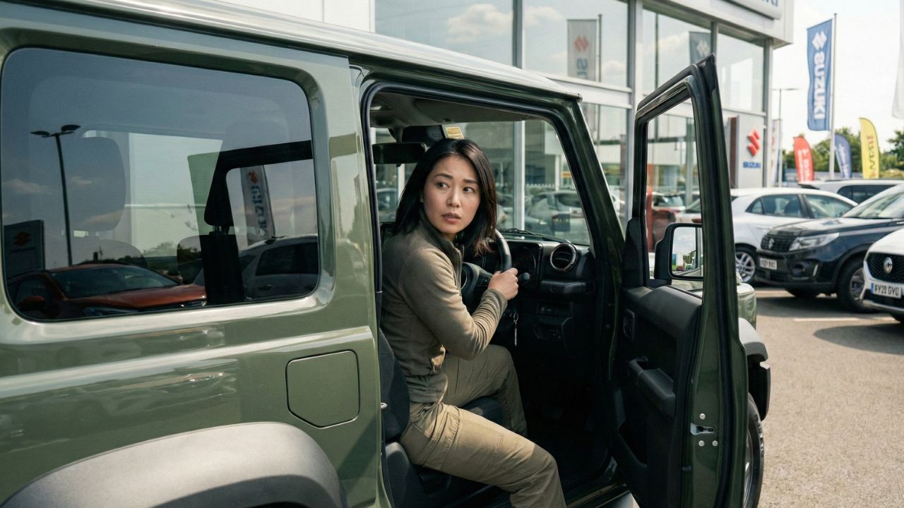 購入後の後悔を防ぐため、ディーラーでジムニーの試乗を行い、車庫入れなどを確認する女性