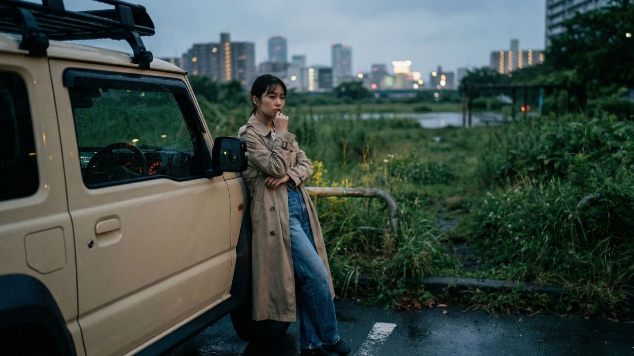 SNS映えするジムニーの横で、維持費や乗り心地の現実に少し悩ましげな表情を浮かべる女性オーナー