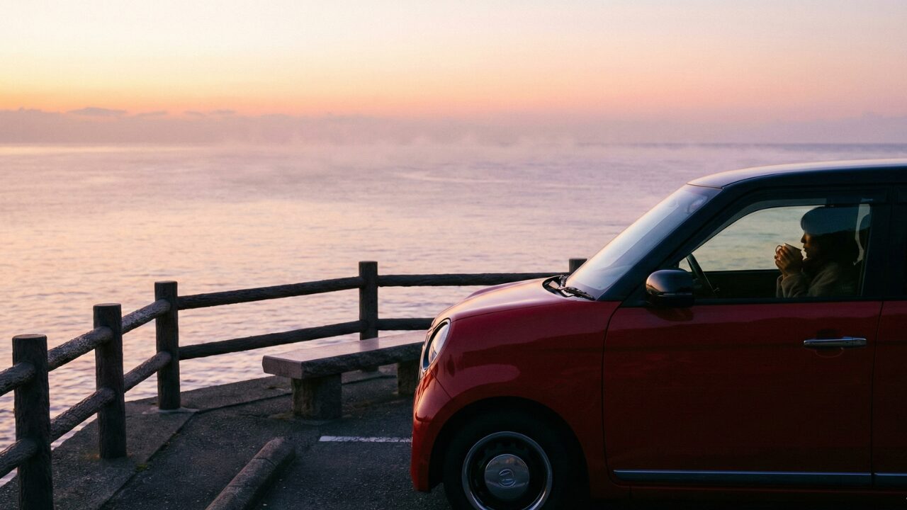 美しい風景に溶け込むN-ONE。対策次第で最高の相棒になることを示す画像。