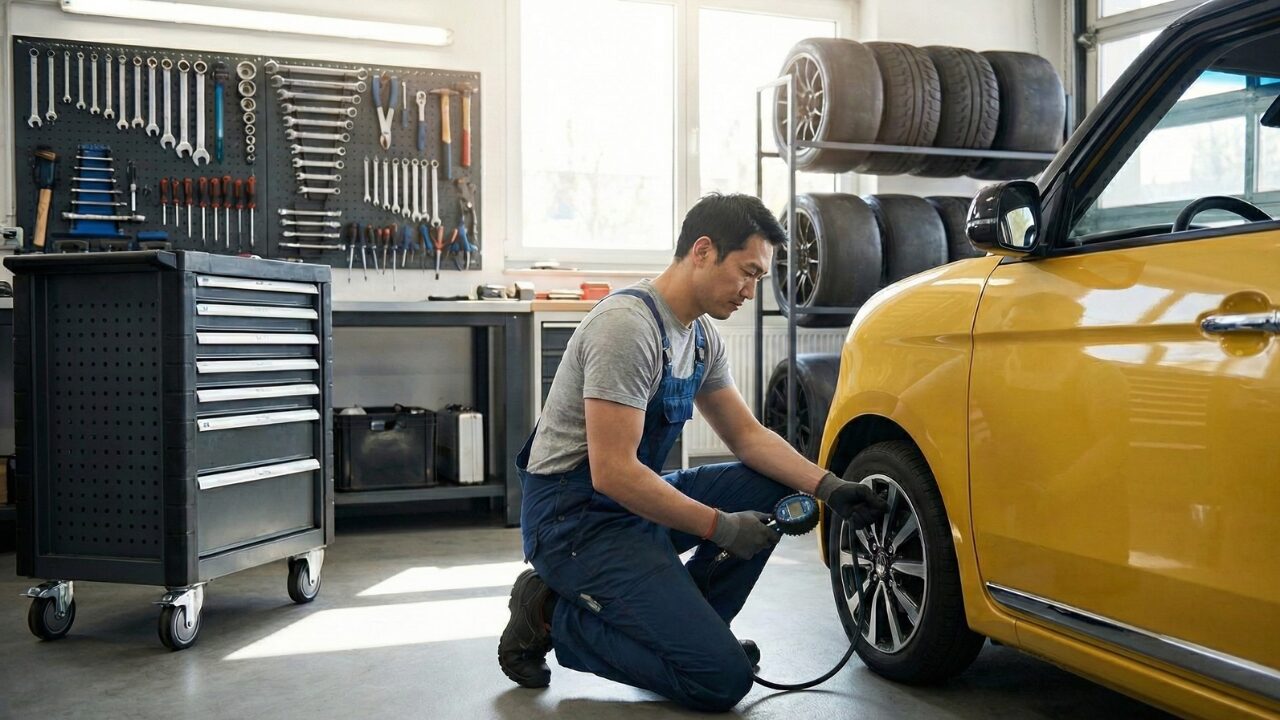 タイヤメンテナンスの様子。N-ONEの乗り心地を劇的に改善するための対策。