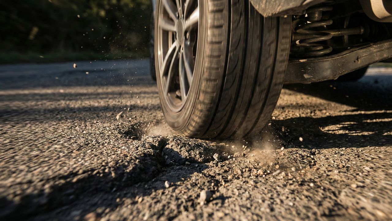 路面の段差を捉えるタイヤ。N-ONEの突き上げやサスペンションの硬さをイメージ。