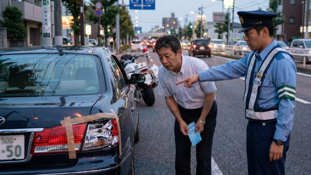 整備不良のテールランプカバーが原因で警察官に止められ、青切符（反則告知書）を切られている日本人ドライバーの様子。道路交通法違反となる整備不良のリスクを警告するイメージ画像。