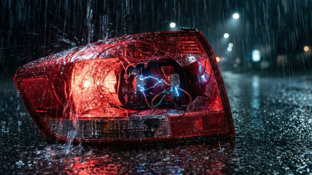 雨の日の走行中に割れたテールランプカバーの隙間から雨水が侵入し、内部の電気系統がショートして火花が散っている危険な様子。車両火災や電子機器の故障につながる水濡れのリスク。